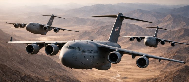 Transportflugzeuge über einer Wüstenlandschaft