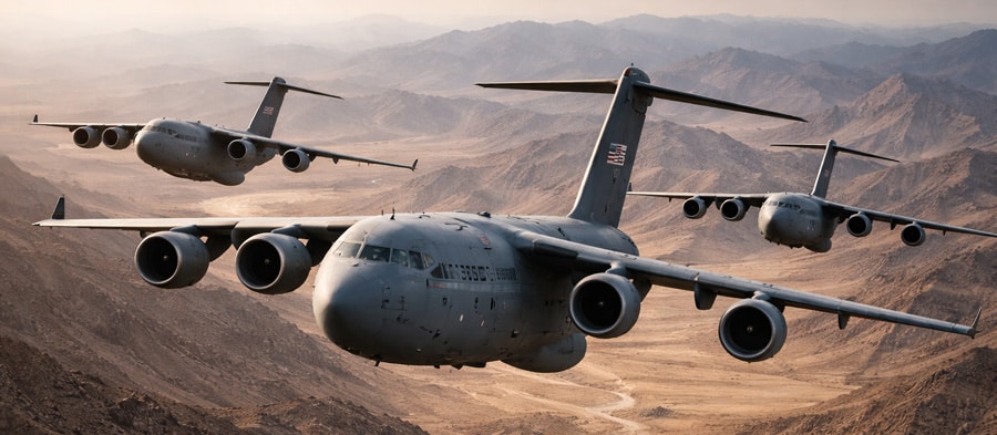 Transportflugzeuge über einer Wüstenlandschaft